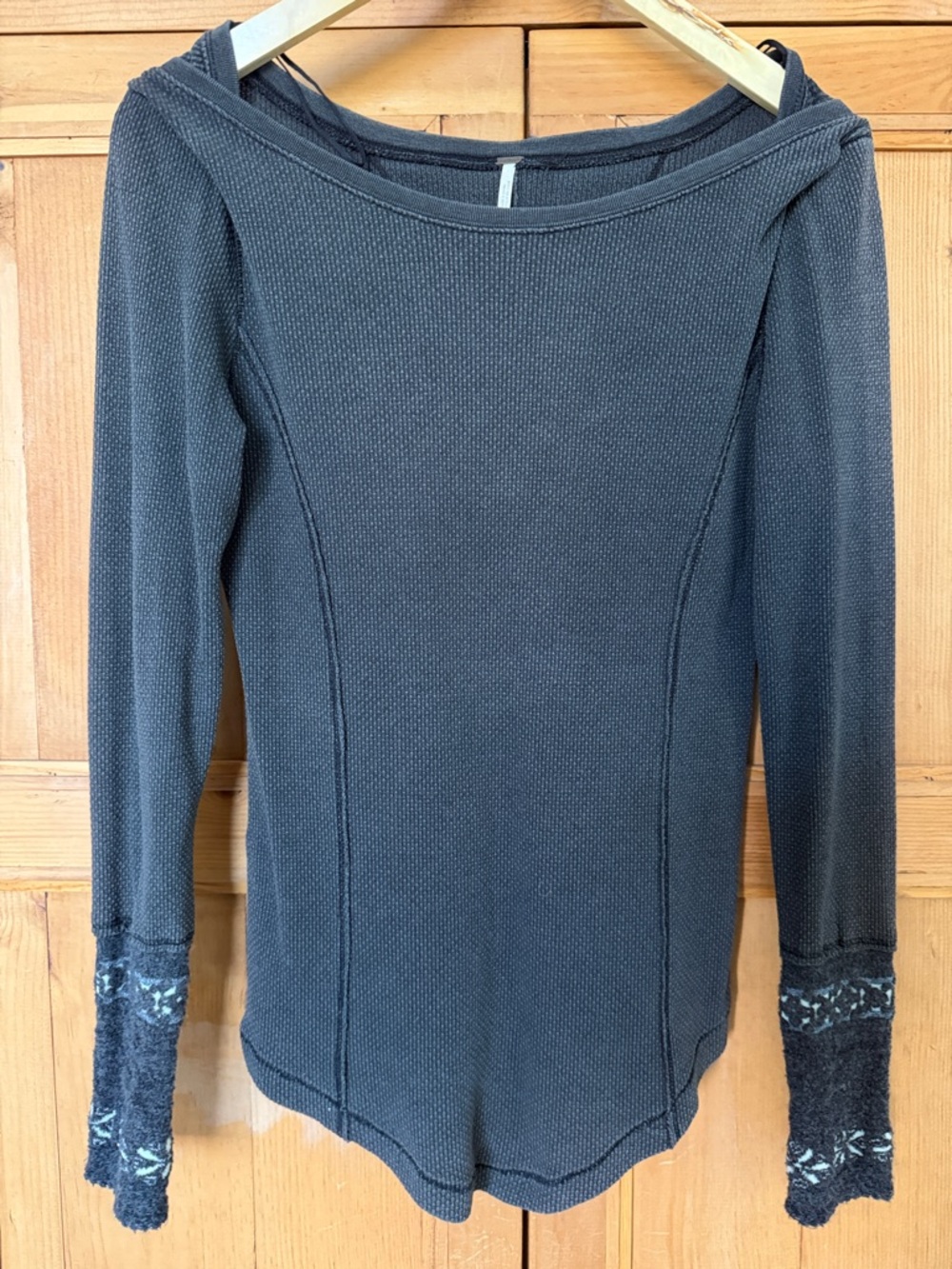 Free People charcoal gray waffle-knit long sleeve top with patterned cuffs
